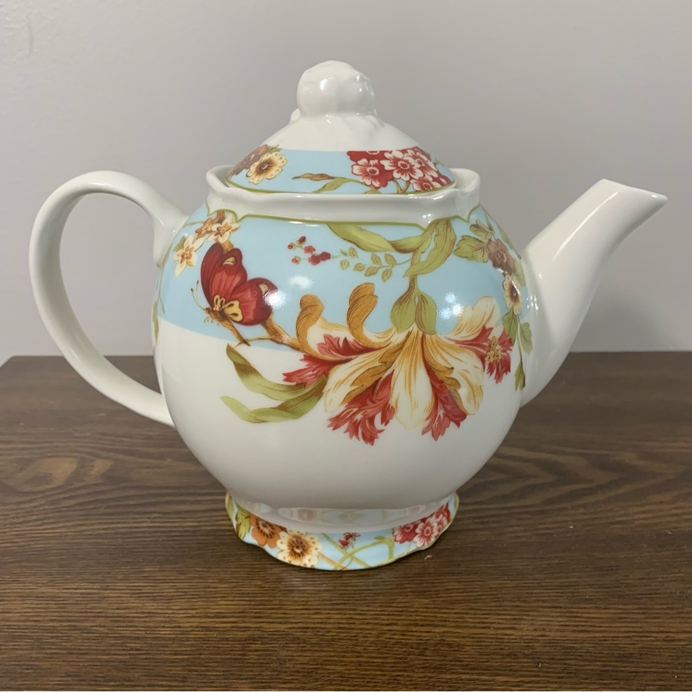 222 Fifth Teapot Lid Red Butterfly Flowers